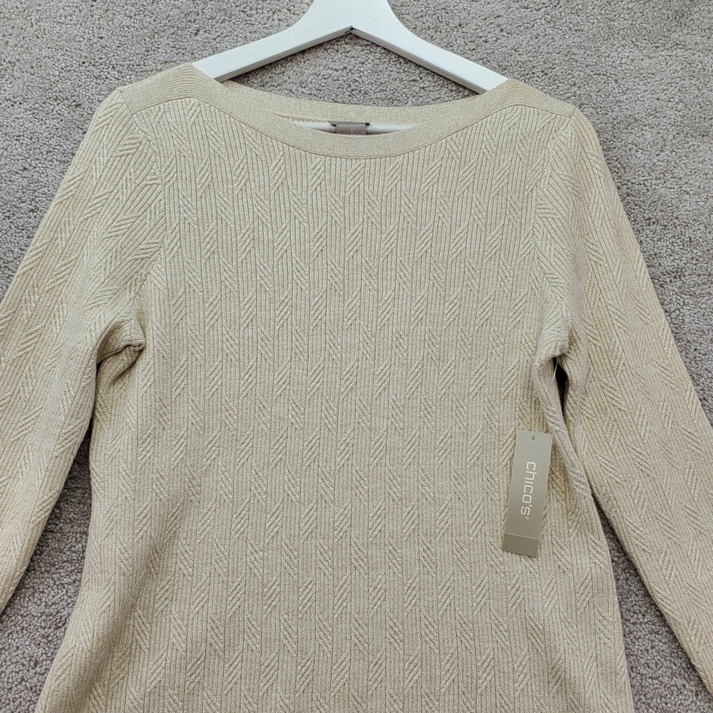 Chico's Sweater Womens 1‎ Med Gold Cable Knit Textured Bateau Pullover Boat Neck